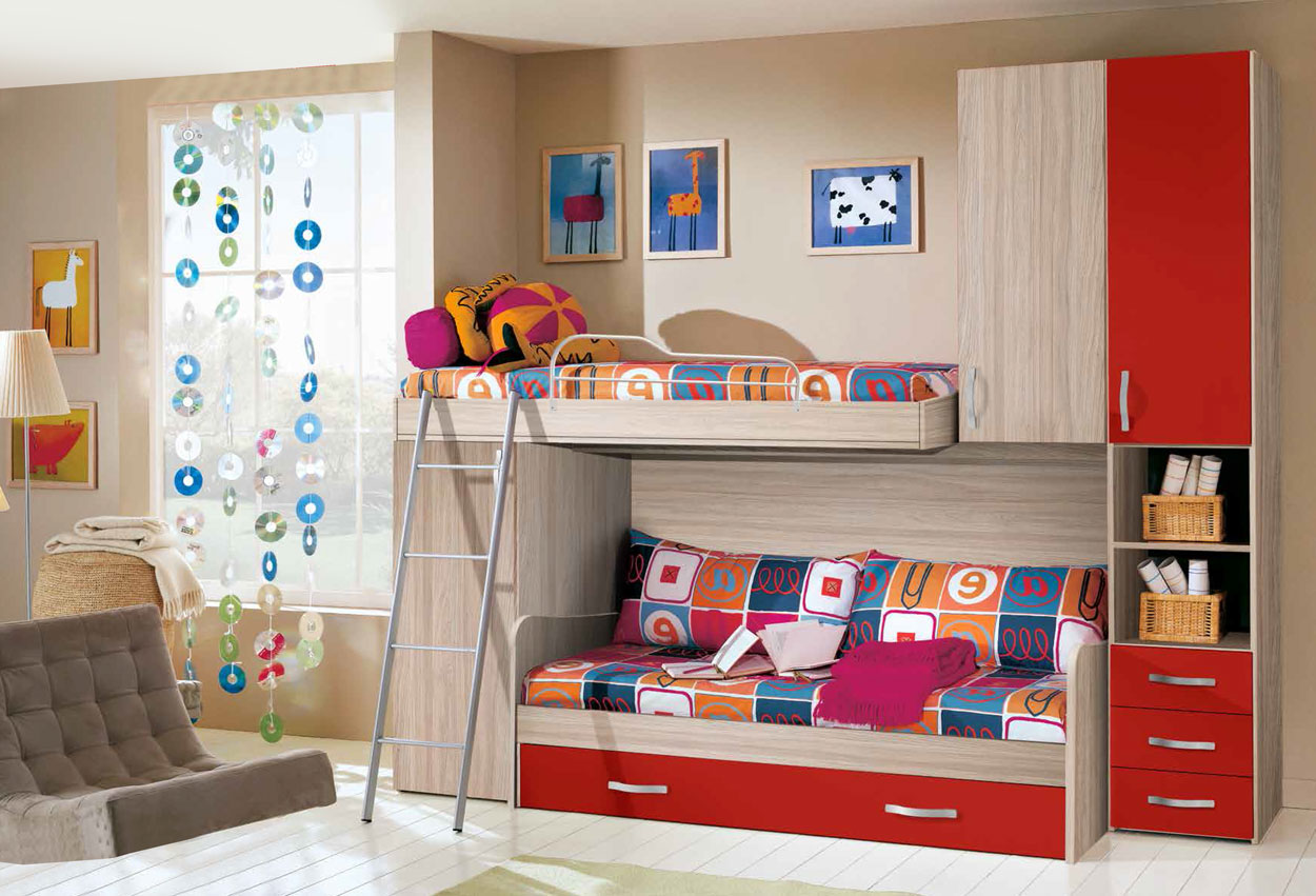 Cameretta a castello offerta, finitura Olmo e Rosso