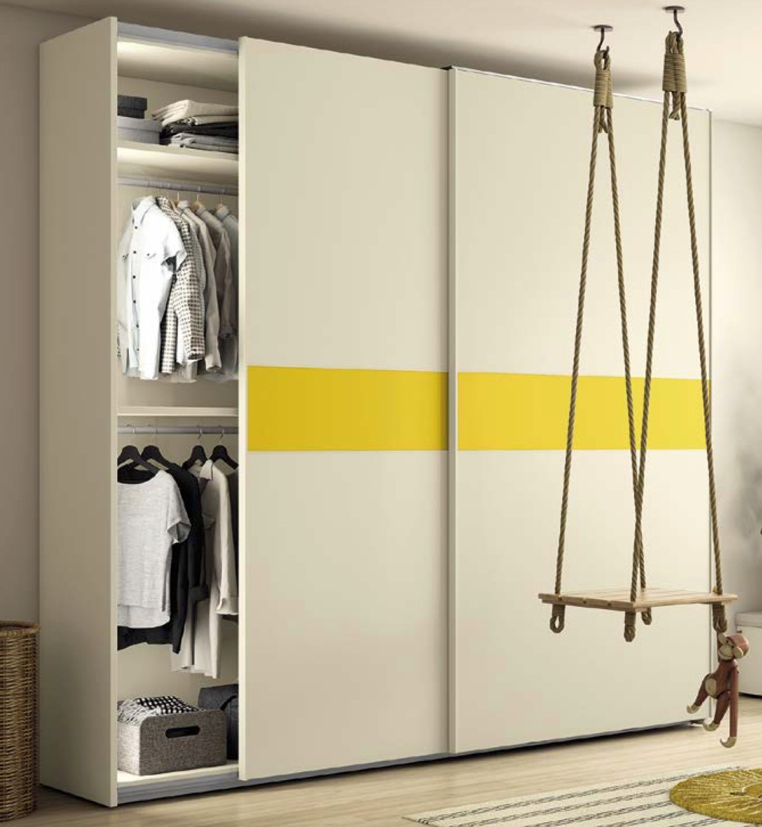 Armadio scorrevole camerette, 2 ante in finitura Desert e Zafferano