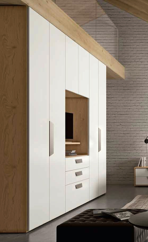 Armadio moderno 6 ante 3 cassetti con vano porta TV, Rovere samoa e Bianco frassino