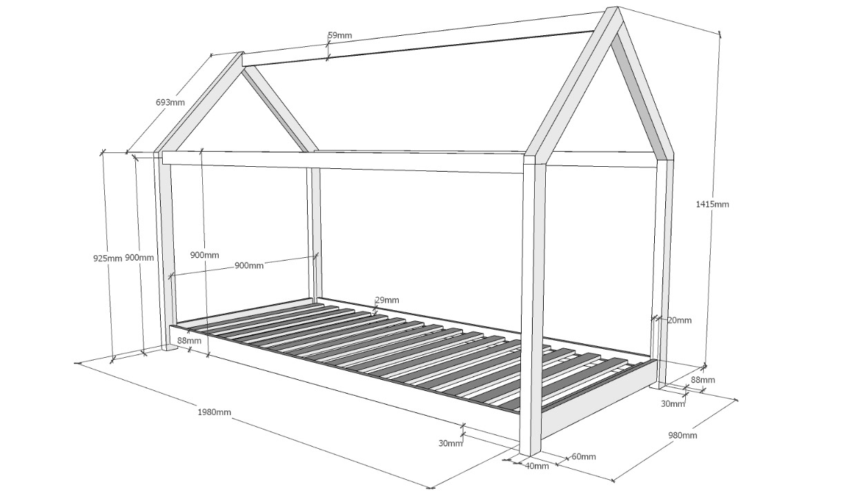 Letto montessoriano bambini a capanna, 90x200 in pino massello