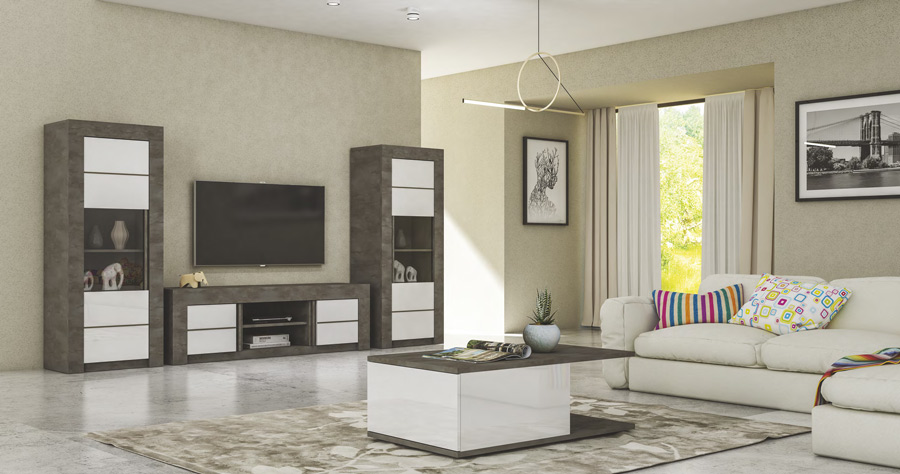 Vetrina colonna a 1 anta, color ossido con frontali in bianco lucido serigrafato