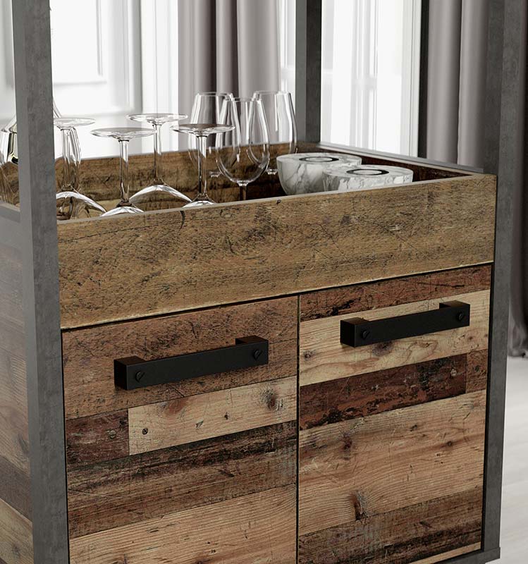 Carrello porta bibite con ruote, finitura Rovere effetto invecchiato e Cemento scuro