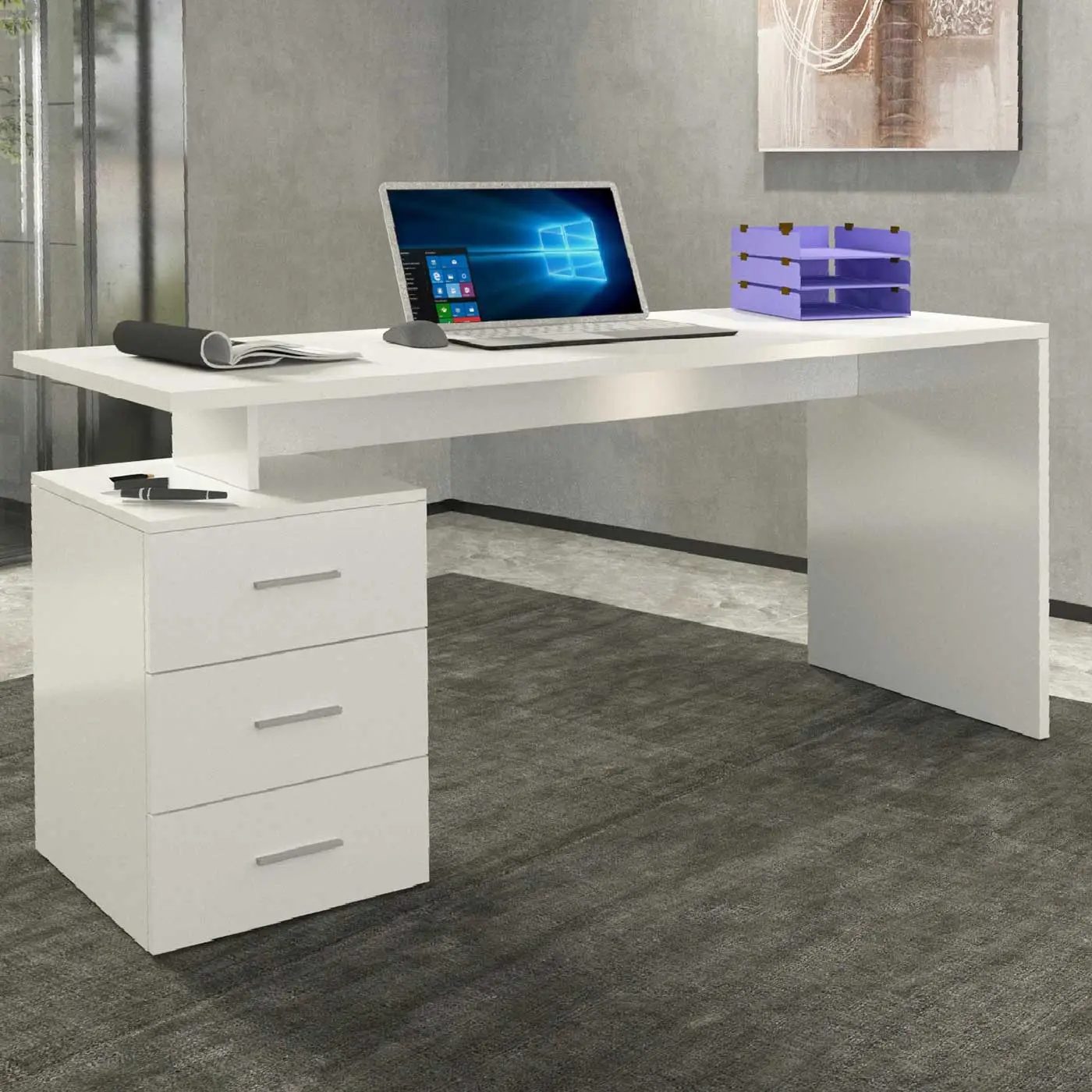 Scrivania 3 cassetti, 160x75x60 h cm, Bianco laccato lucido