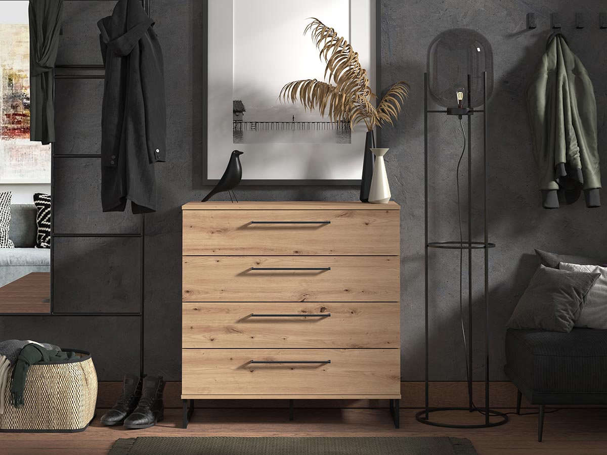 Cassettiera industry con 4 cassetti, finitura Rovere