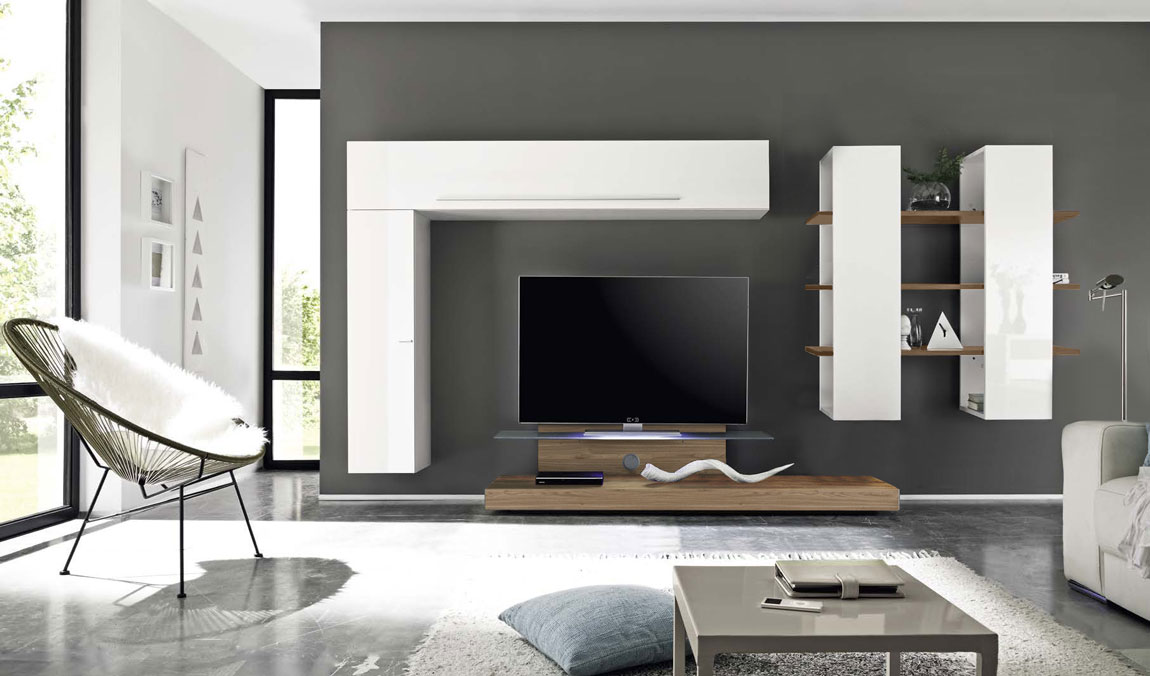 Parete attrezzata con Base TV, bianco laccato lucido e Noce Stelvio