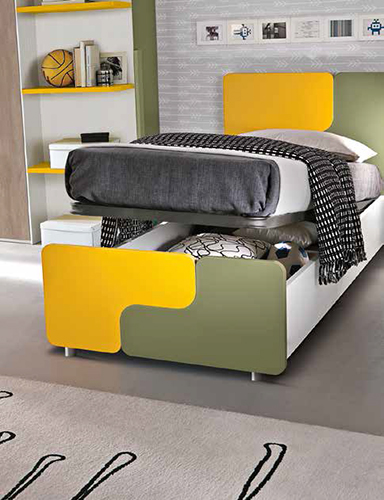 Letto singolo Tetris con contenitore in finitura Girasole e Salvia