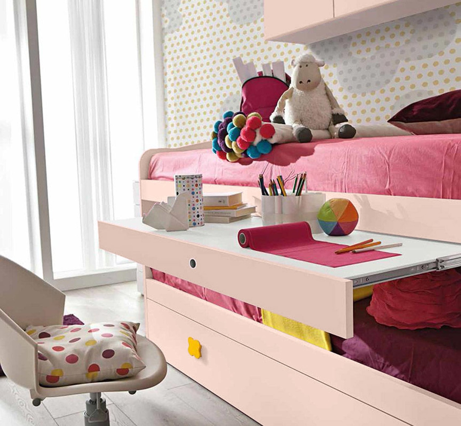 Cameretta con cabina e letto multifunzionale, finitura Bianco frassino, Peonia e Girasole Zenzero Shop