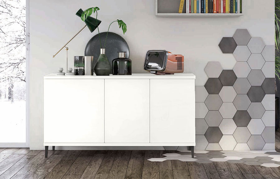 Madia moderna per soggiorno, Bianca Opaco con piedini in titanio