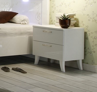 Comodino di design, bianco ad un cassetto e una ribalta