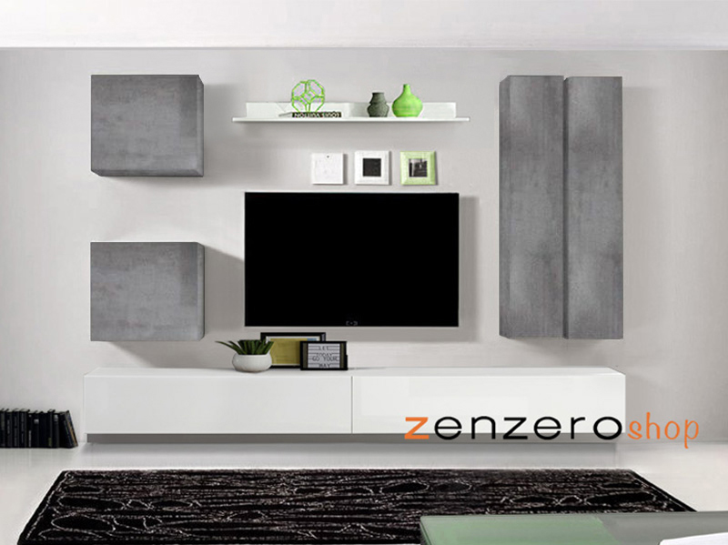 Parete attrezzata bianca laccato lucida, beton, gesso e mensola Bianca