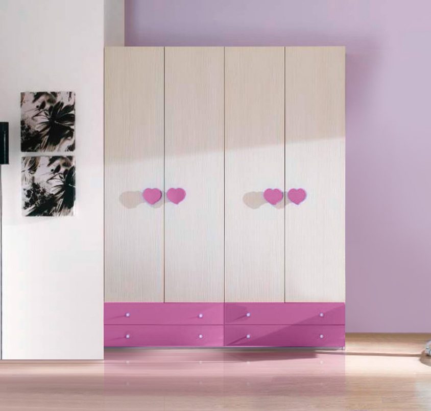 Armadio per camerette con 4 ante battenti e 4 cassetti in finitura Larice e Ciclamino