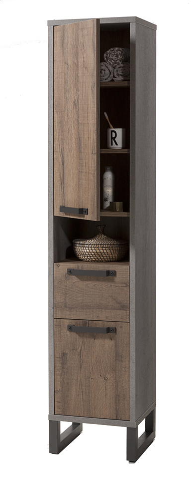 Colonna multiuso con 2 ante e un cassetto in finitura Cemento e Rovere invecchiato