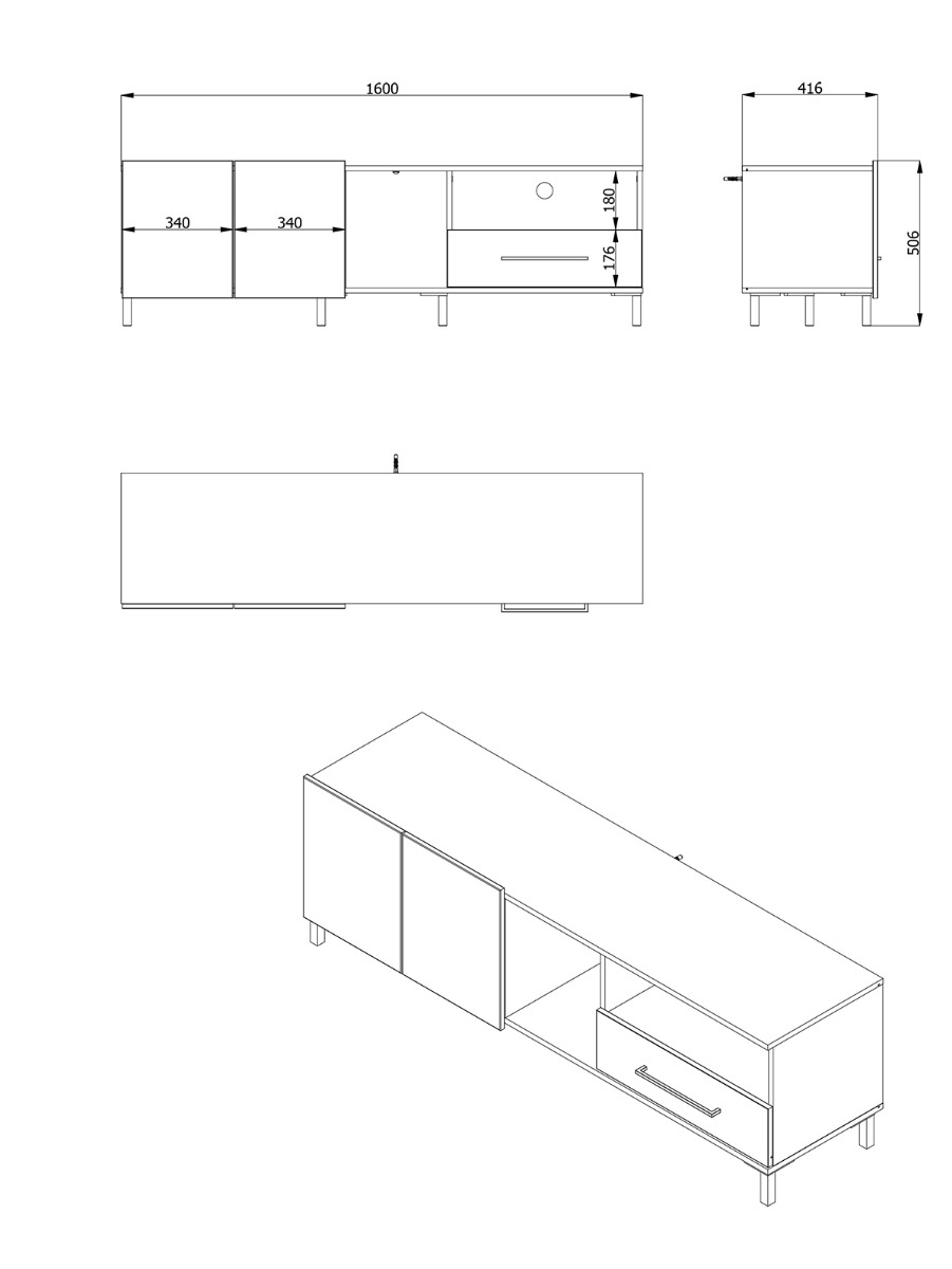 Mobile tv 160 cm con cassetto e due ante, finitura Rovere e Nero opaco
