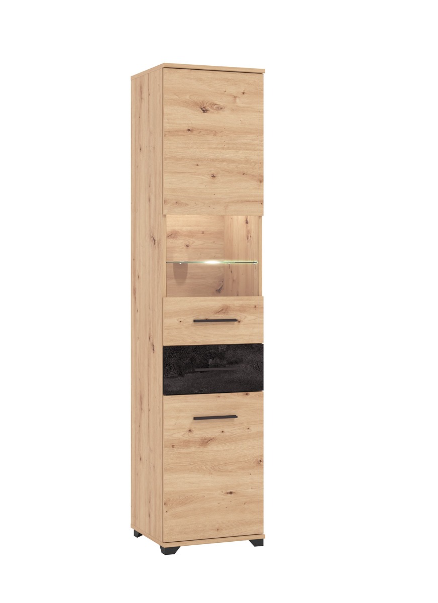 Colonna vetrina 2 ante 1 cassetto, finitura Rovere e Carbone