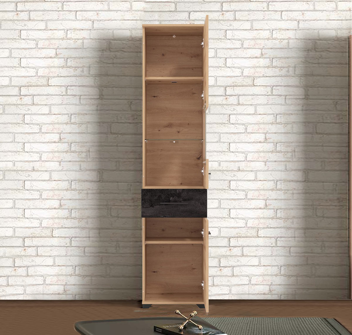 Colonna vetrina 2 ante 1 cassetto, finitura Rovere e Carbone