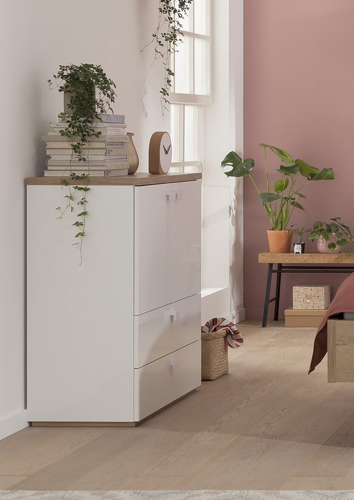 Madia multiuso L.90 con 2 ante e 2 cassetti in Bianco laccato e Rovere