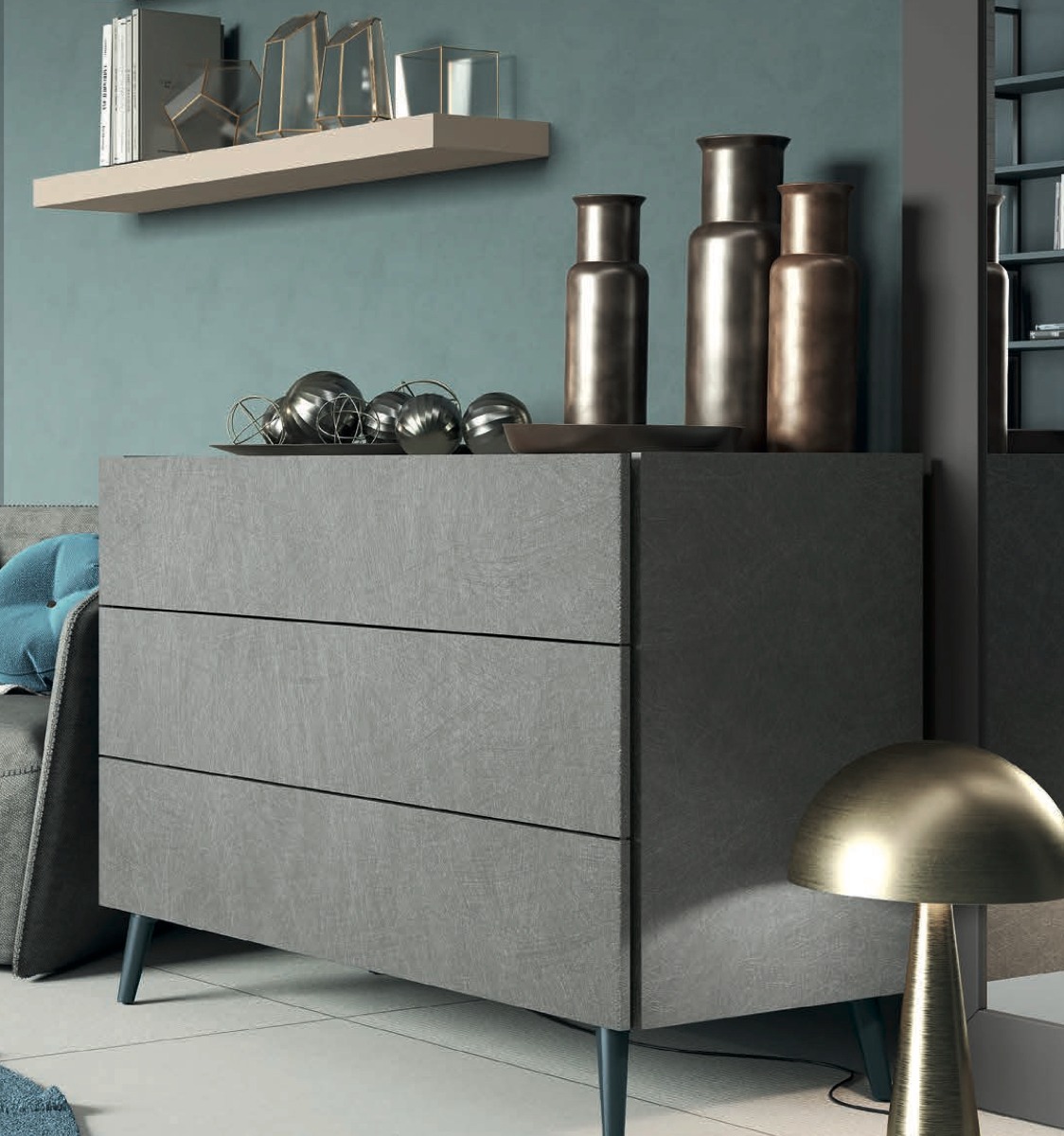 Comò moderno con 3 cassetti in finitura Metal grey