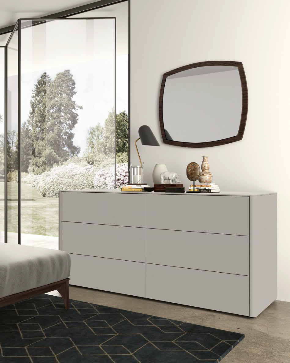 Comò con top in vetro a 6 cassetti, finitura Grigio seta 