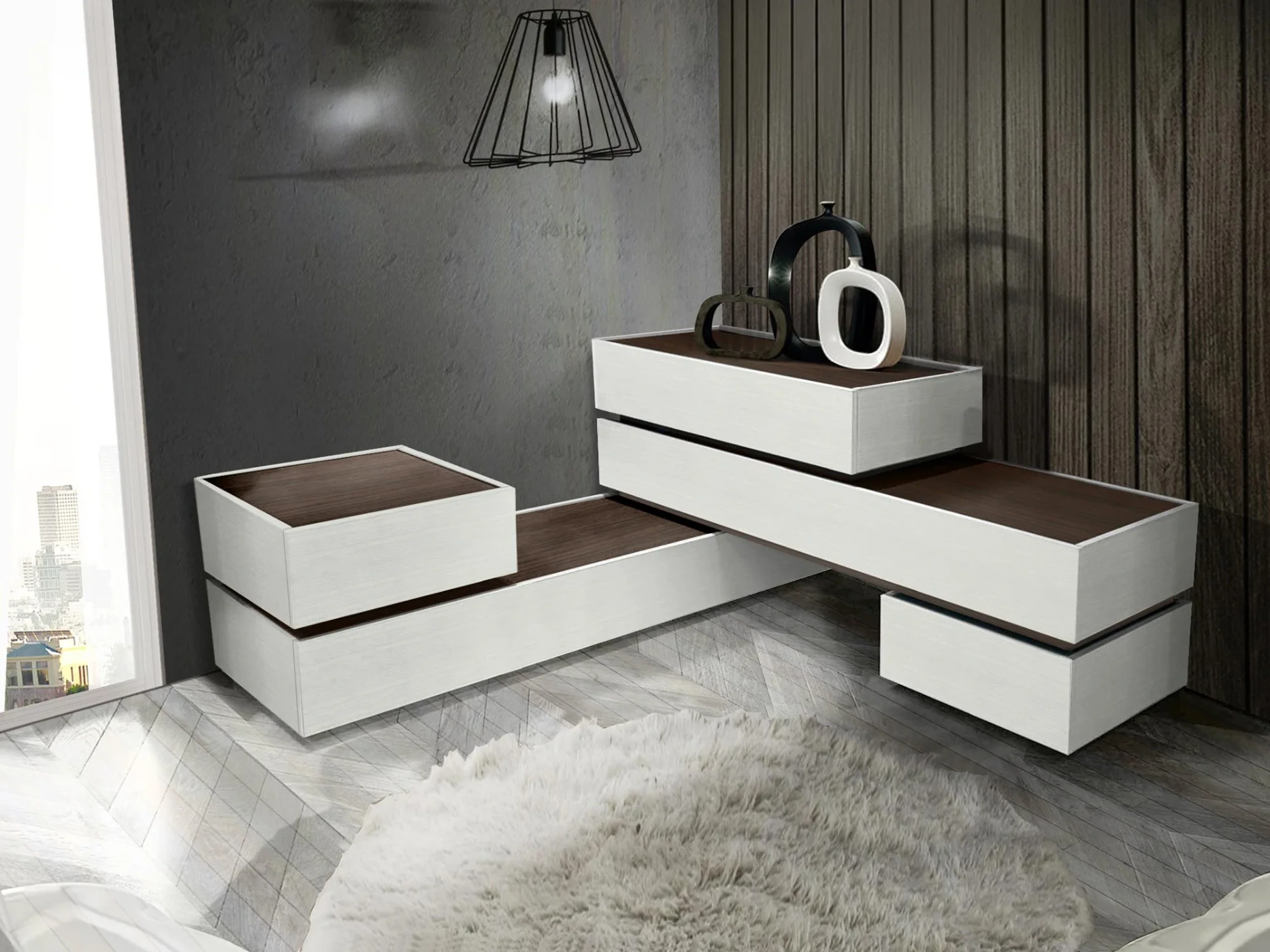 Comò angolare sfalsato, Nuvola frassinato e Teak