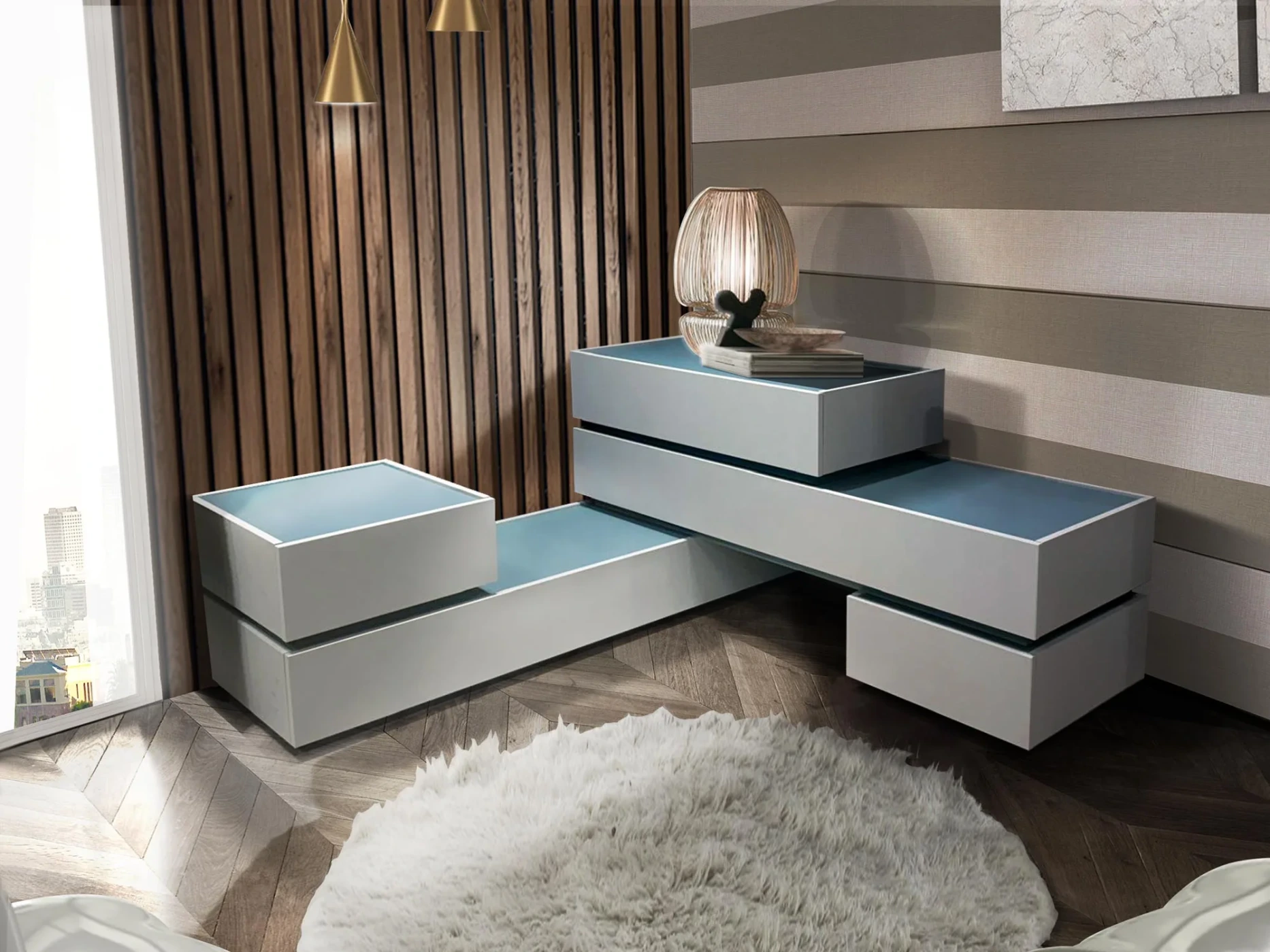 Comò angolare sfalsato, Laccato Ceruleo e Celeste Zenzero Shop