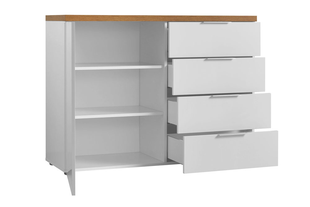 Madia 1 anta e 4 cassetti finitura Bianco lucido e Castagno, Made in Italy