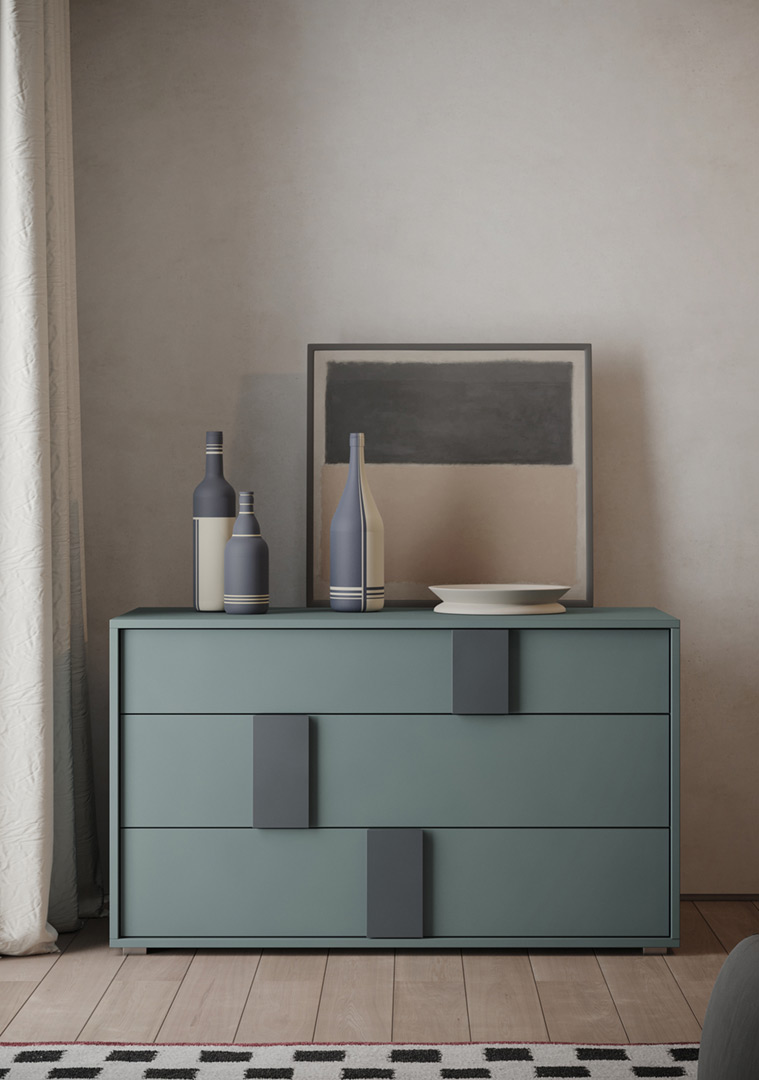 Comò moderno bicolor, finitura Laccato opaco Bristol e Piombo 