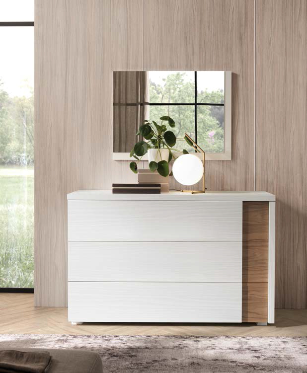 Camera moderna completa, finitura Noce bianco e Noce naturale