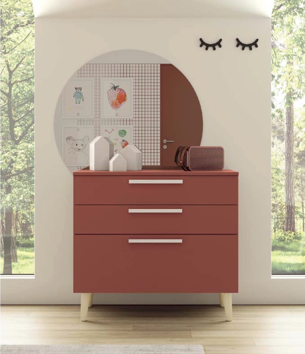 Comò camerette con piedini in legno massello a 3 cassetti, finitura Corallo