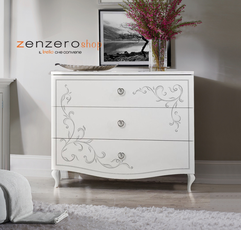 Comò serigrafato con 3 cassetti in finitura Bianco 