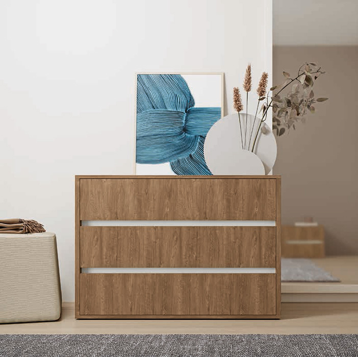 Comò 3 cassetti Rovere cognac, chiusura rallentata