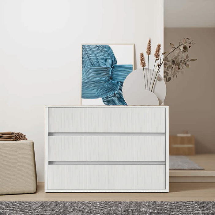 Comò 3 cassetti Rovere Bianco, chiusura rallentata