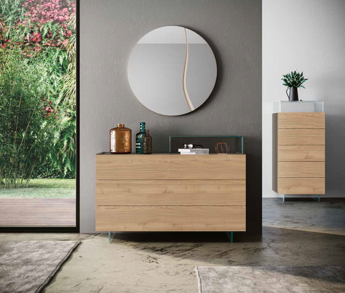 Comò moderno piedini plexiglass a 3 cassetti, finitura Noce biondo e Grigio cenere