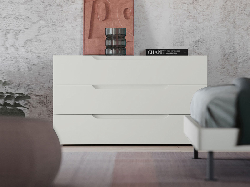 Comò moderno 3 cassetti, finitura laccato opaco Tele