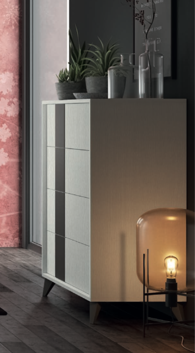 Comò 4 cassetti con piedini in finitura Rovere white e Grigio titanio