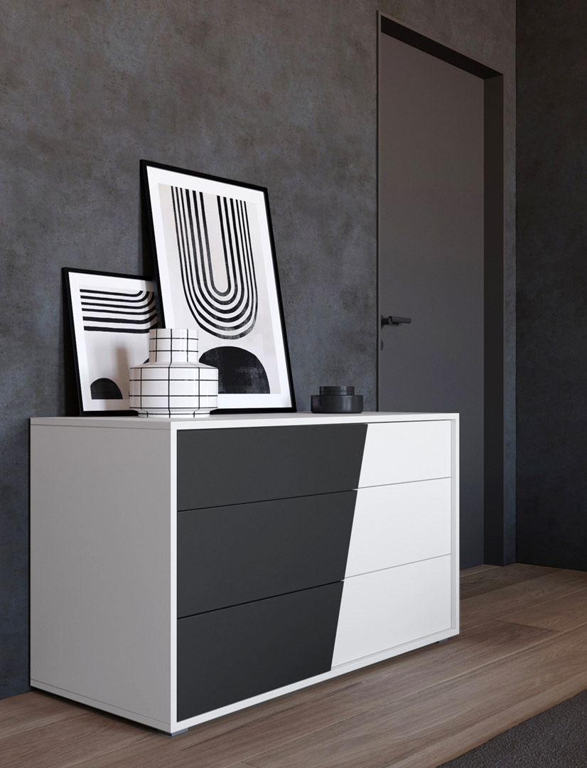 Comò moderno bicolor, colore laccato opaco Bianco e Nero 