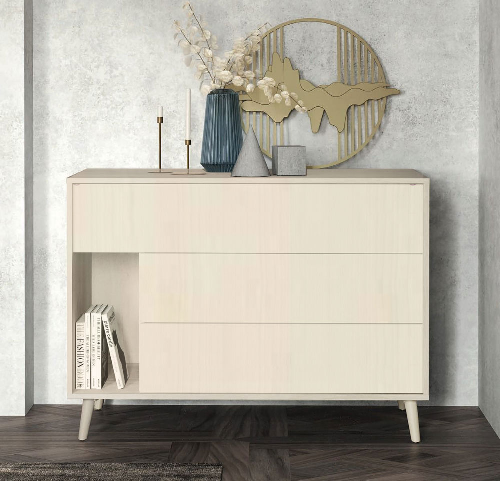 Comò moderno 3 cassetti e vano in finitura Ciliegio bianco e Canapa