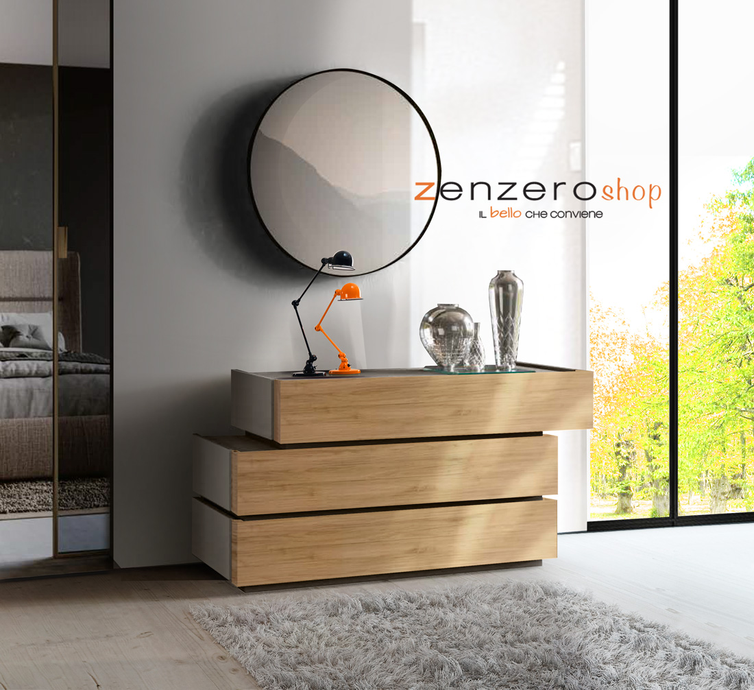 Comò sfalsato Palawan in finitura Grigio cenere e Noce Biondo