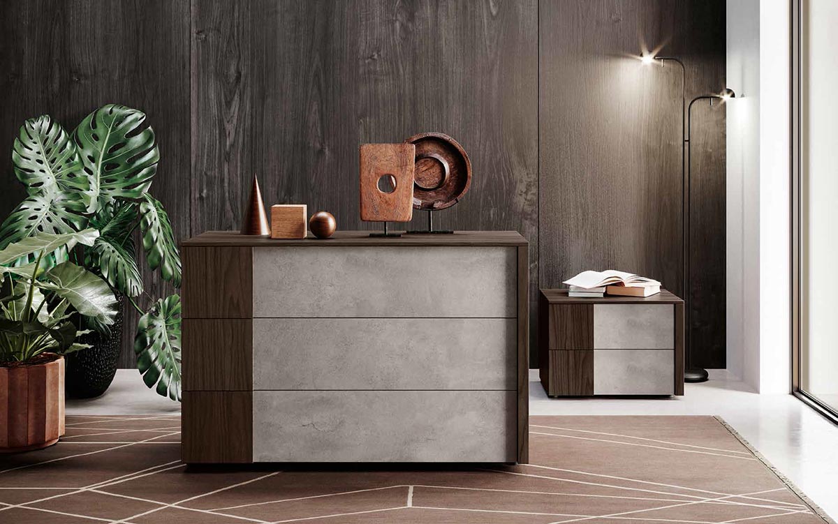 Set Santorini  composto da comò e 2 comodini, Noce moro e Ardesia cemento 