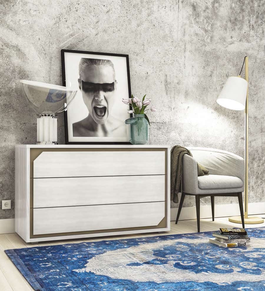 Comò moderno, Olmo Bianco con dettagli visone, Made in Italy