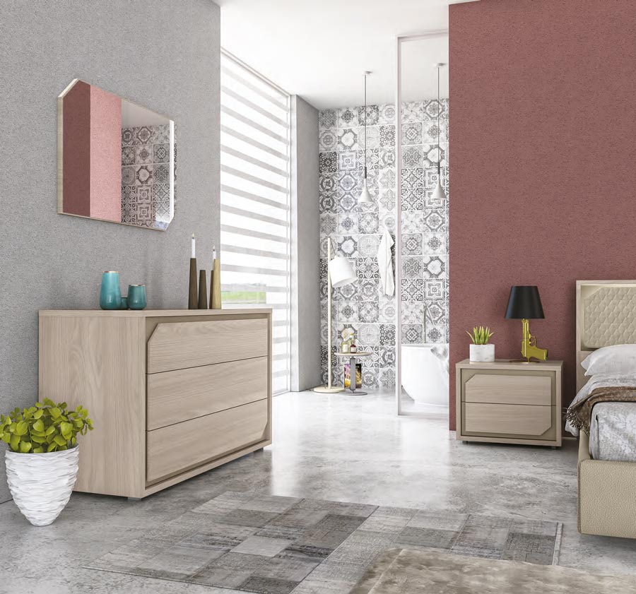 Comò moderno, Olmo Perla con dettagli visone, Made in Italy