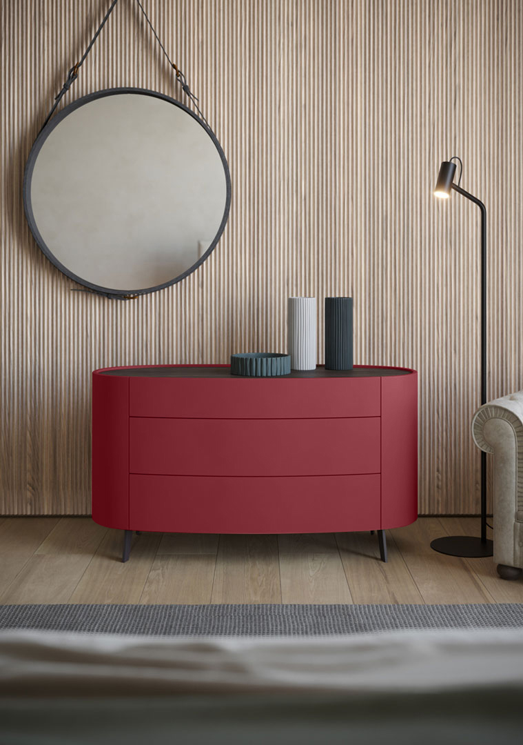 Comò moderno finitura nobilitato Teak e laccato opaco Porpora 