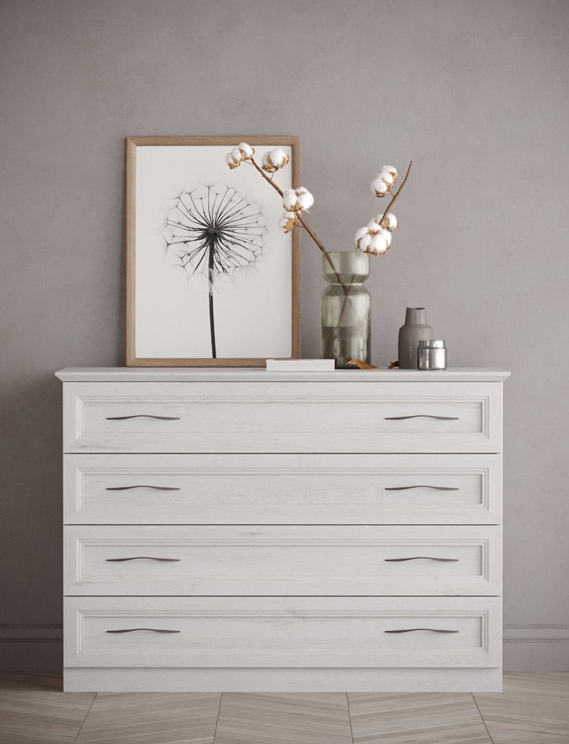 Comò 4 cassetti stile contemporaneo, finitura Rovere chiaro 