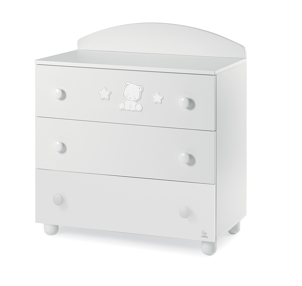 Culla moderna Teddy con ruote, bianca con decori Tortora