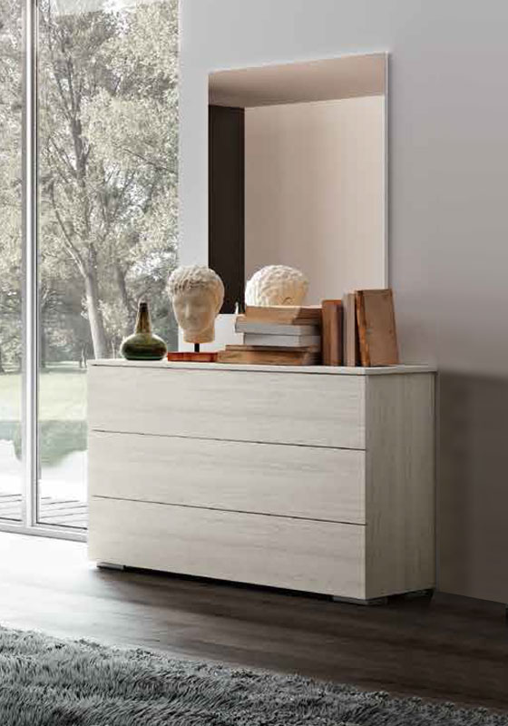 Comò moderno a 3 cassetti con apertura a presa laterale, finitura Bianco Nobilitato