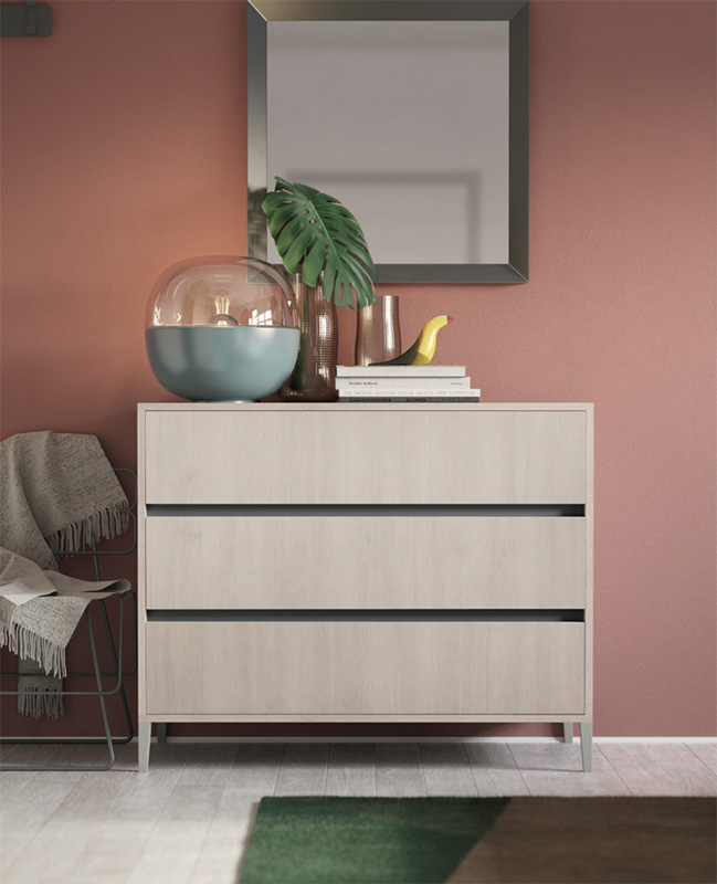 Set moderno comò e comodini con piedini in finitura Noce brina