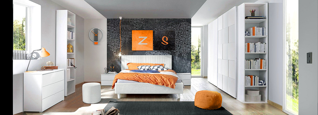 Cameretta matrimoniale con letto, armadio scorrevole e comodini, finitura Bianca