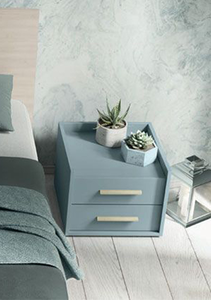 Coppia di comodini moderni a 2 cassetti, finitura Cadaques, made in Italy