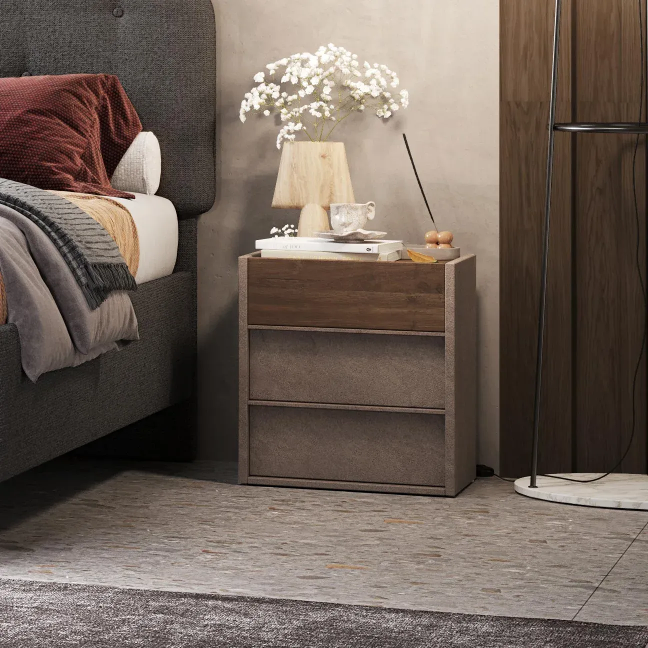 Camera matrimoniale Bronzo con letto in tessuto, collezione Mondo Zenzero Shop