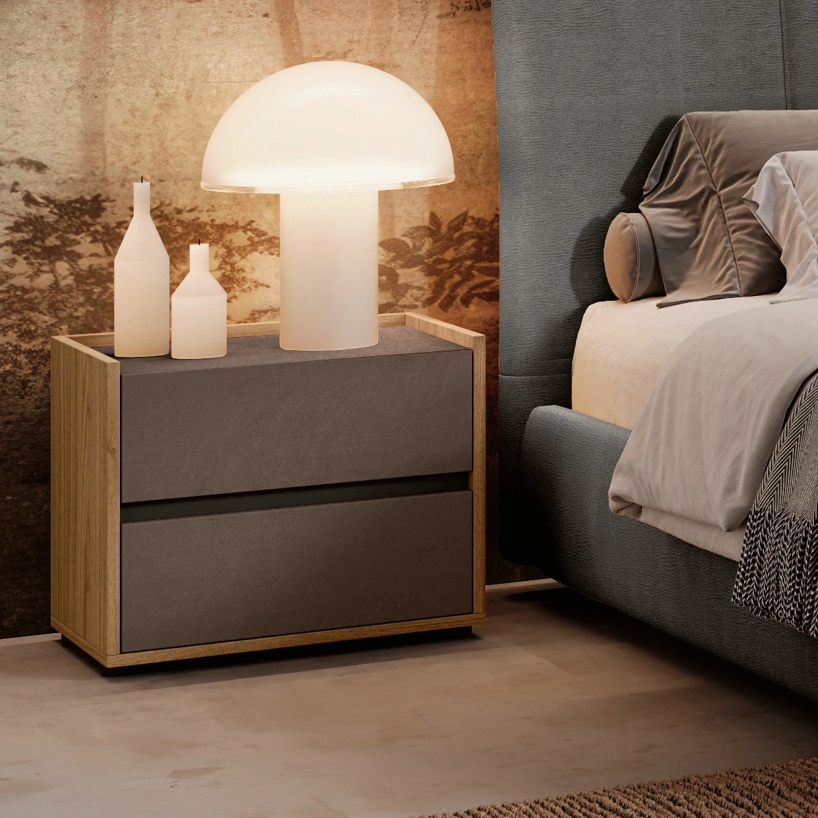 Comodino 2 cassetti, Noce biondo e Bronzo, L.54 H.47