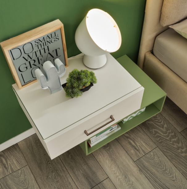 Comodino sospeso Moretti Compact, Bianco luce e Flora laccato